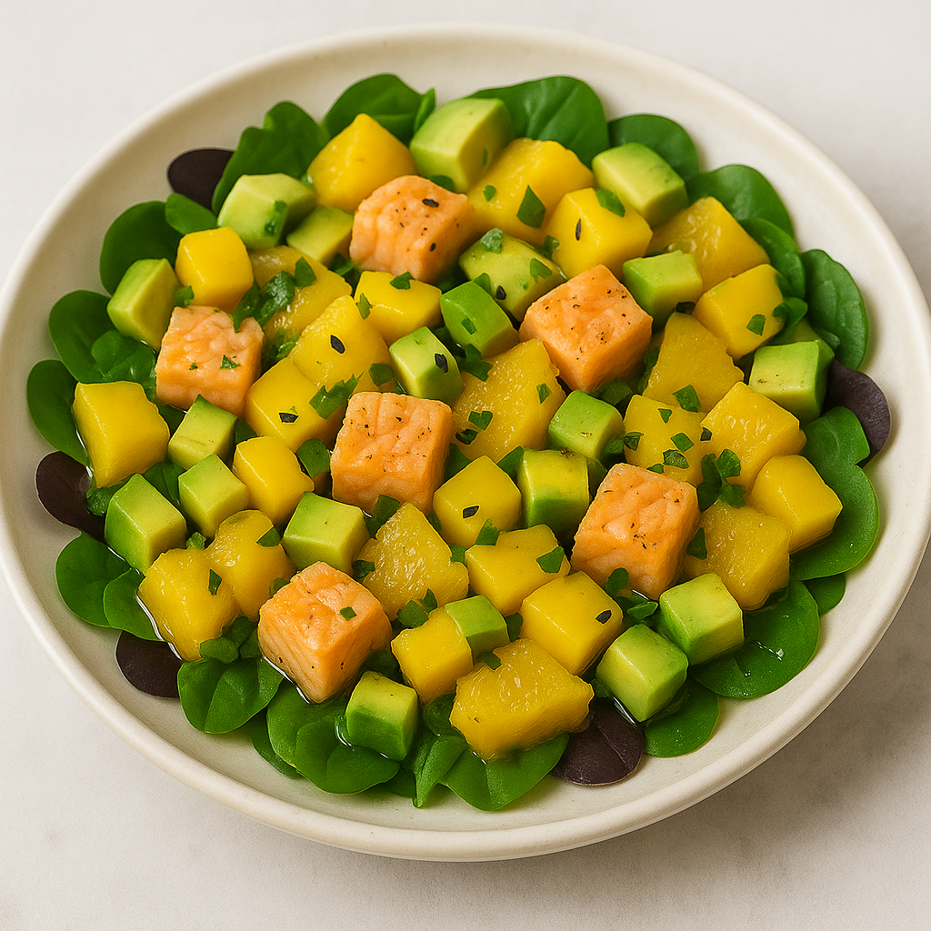 Salade avocat, mangue, orange, saumon